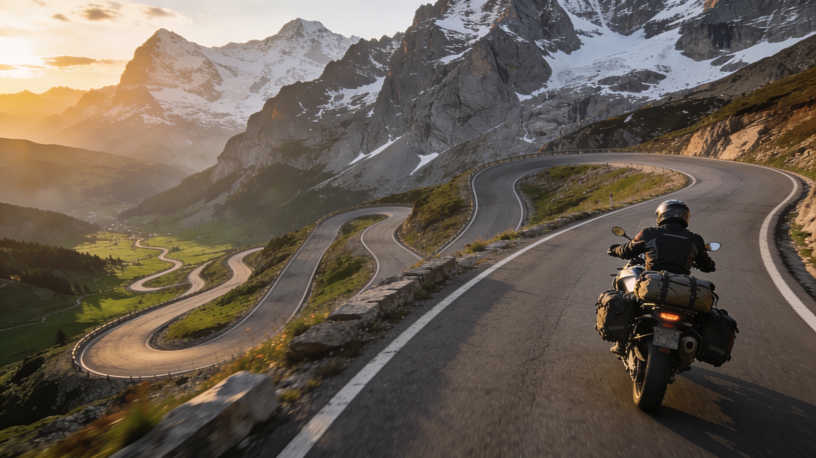 Motorcyclist riding a sweeping alpine pass road at dawn with mountain peaks behind